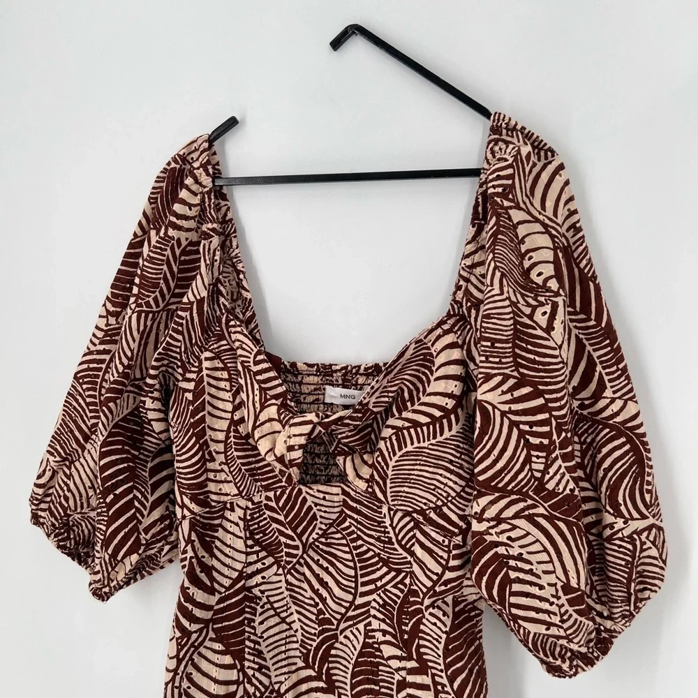 MNG Mango Palm Print Eyelet Balloon Sleeve Mini Dress